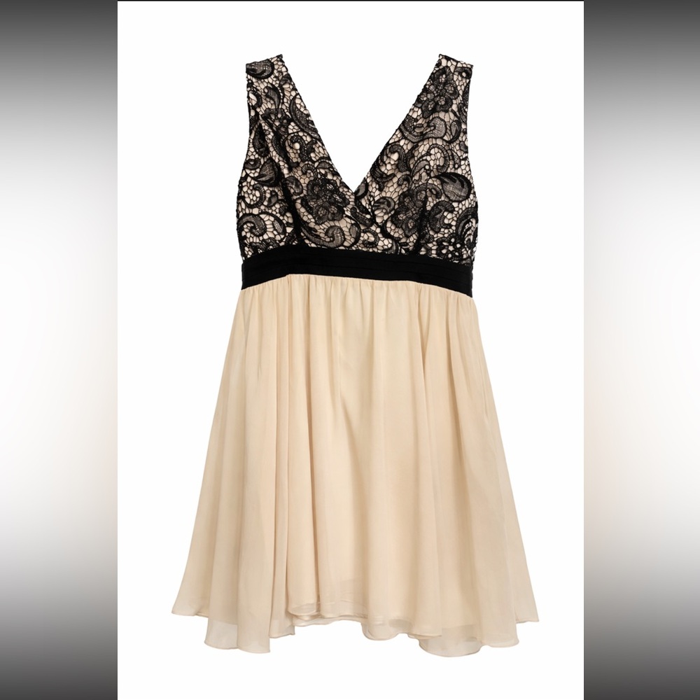 Little Mistress Lace Bodice Chiffon Skirt Mini Dress in Beige/Black NWT Size 18